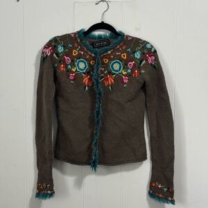 Spice of‎ Life Boho Embroidered Wool Cardigan Small Art to wear